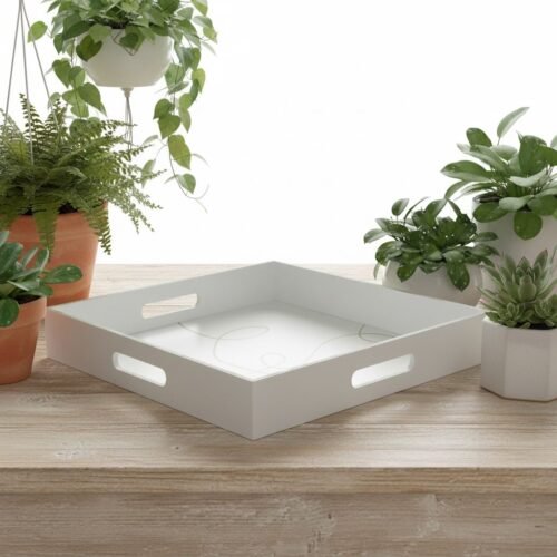 Bandeja Quadrada de Madeira branca com desenhos Verde Séladon