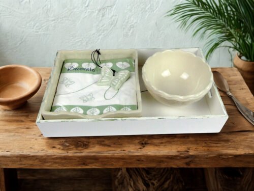 Kit com Porta Guardanapos de papel G, 1 pacote de guardanapos,1 bandeja de madeira e 1 bowl